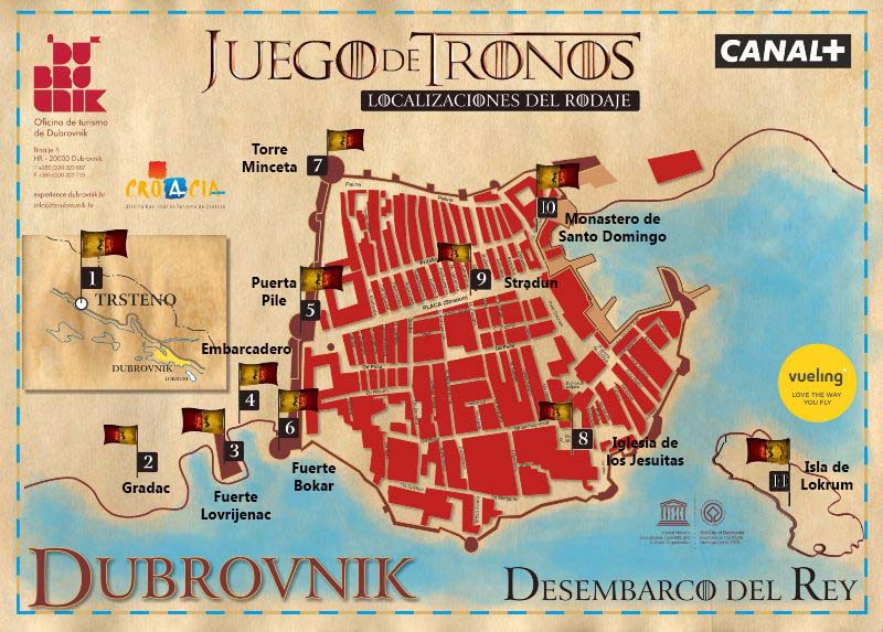 Mapa con las localizaciones de Juego de Tronos en Dubrovnik